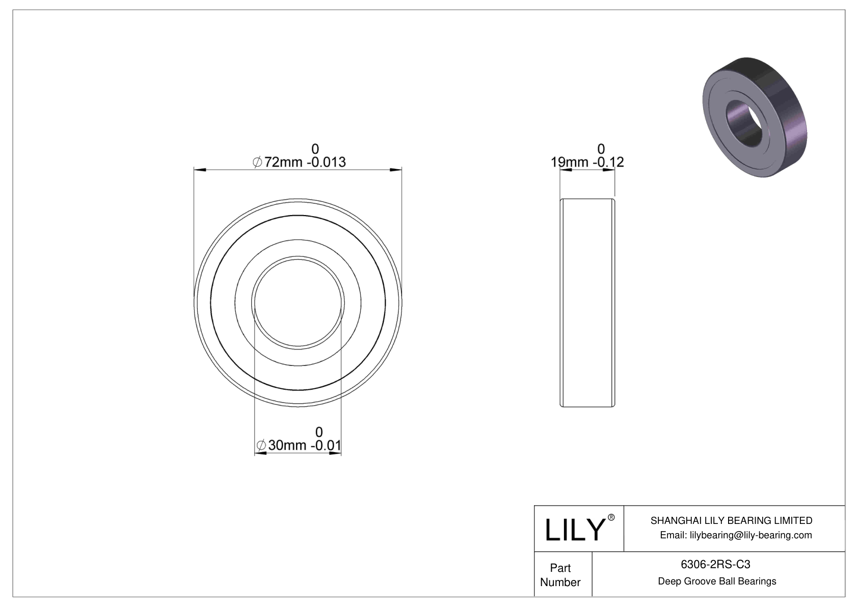 6306-2RS-C3 Deep Groove Ball Bearings (6000, 6200, 6300, 6400) cad drawing