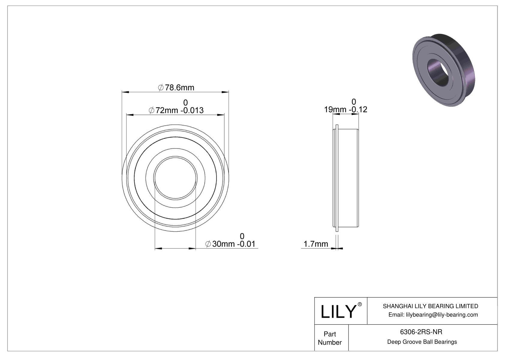 6306-2RS-NR Deep Groove Ball Bearings (6000, 6200, 6300, 6400) cad drawing