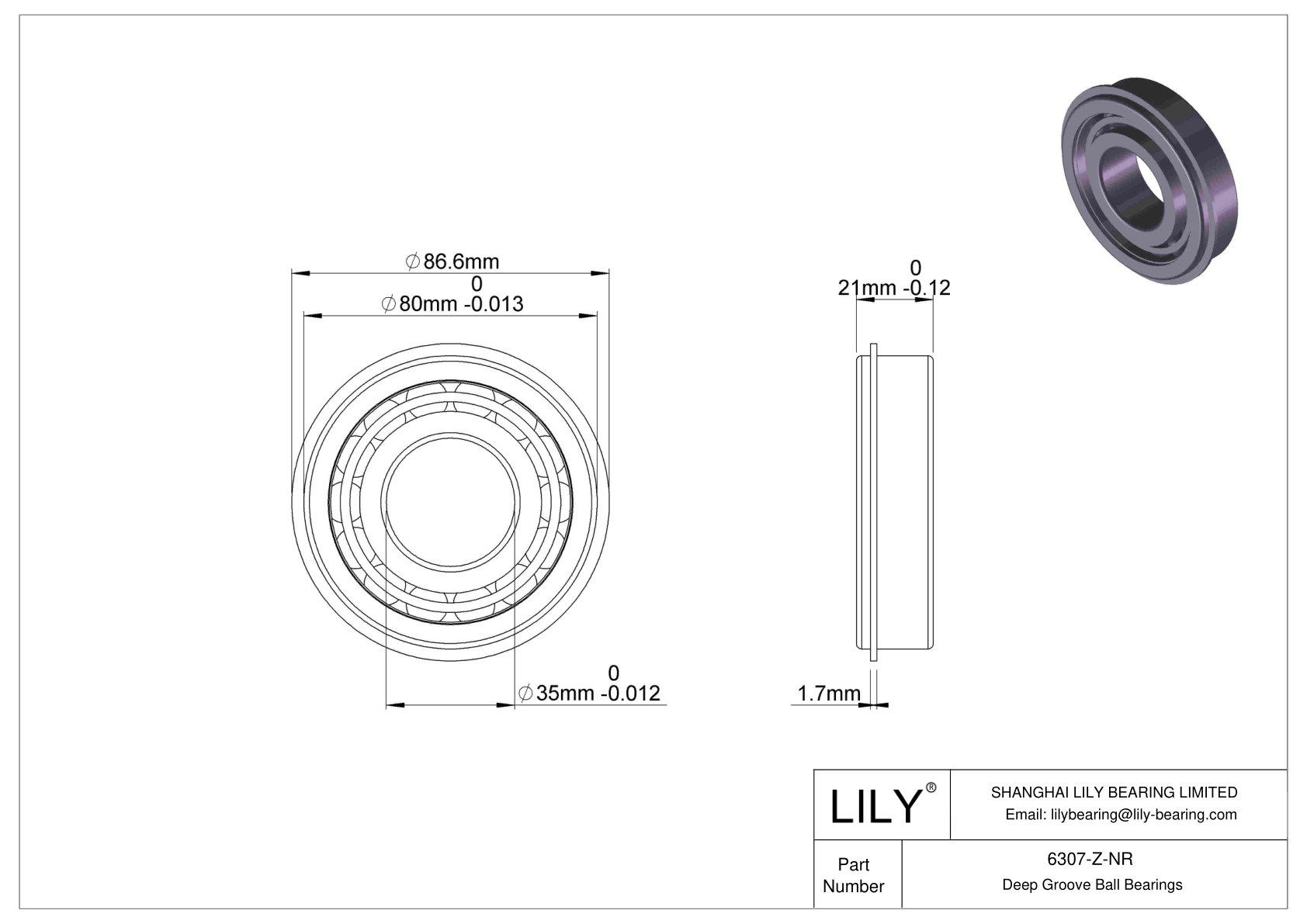 6307-Z-NR Deep Groove Ball Bearings (6000, 6200, 6300, 6400) cad drawing