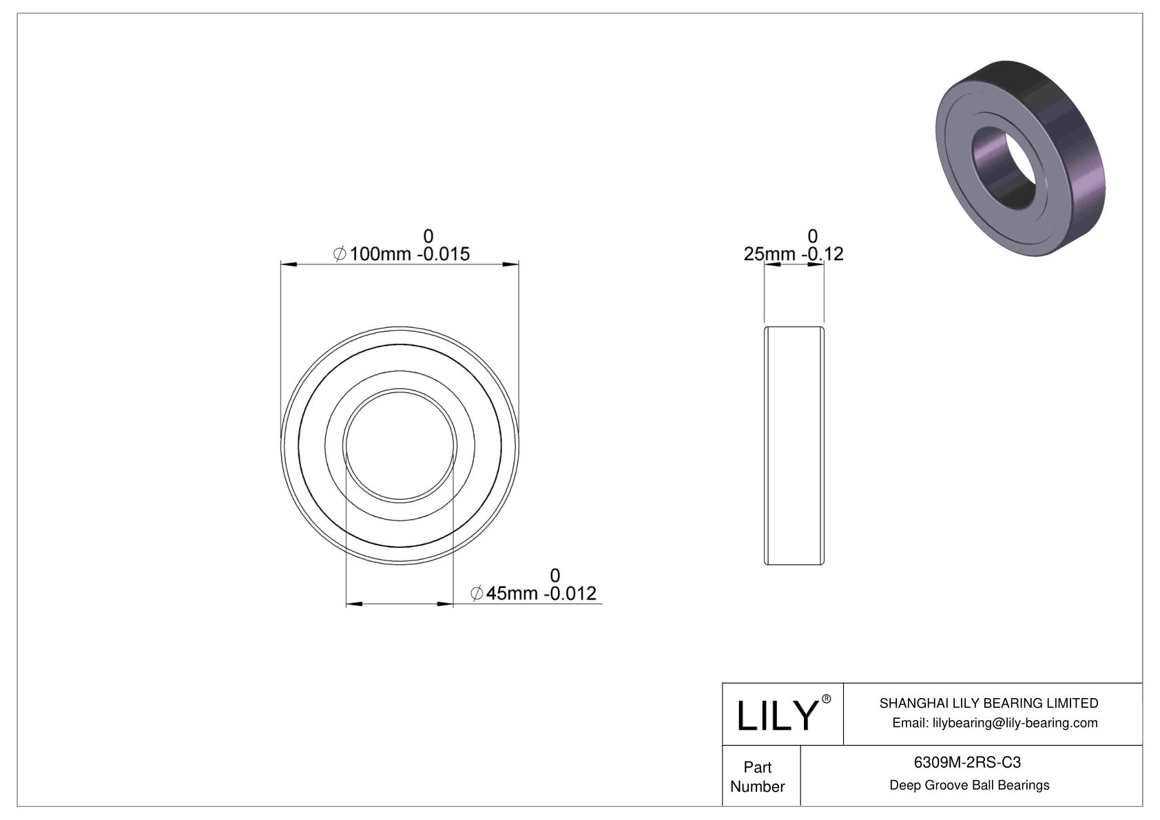 6309M-2RS-C3 Deep Groove Ball Bearings (6000, 6200, 6300, 6400) cad drawing