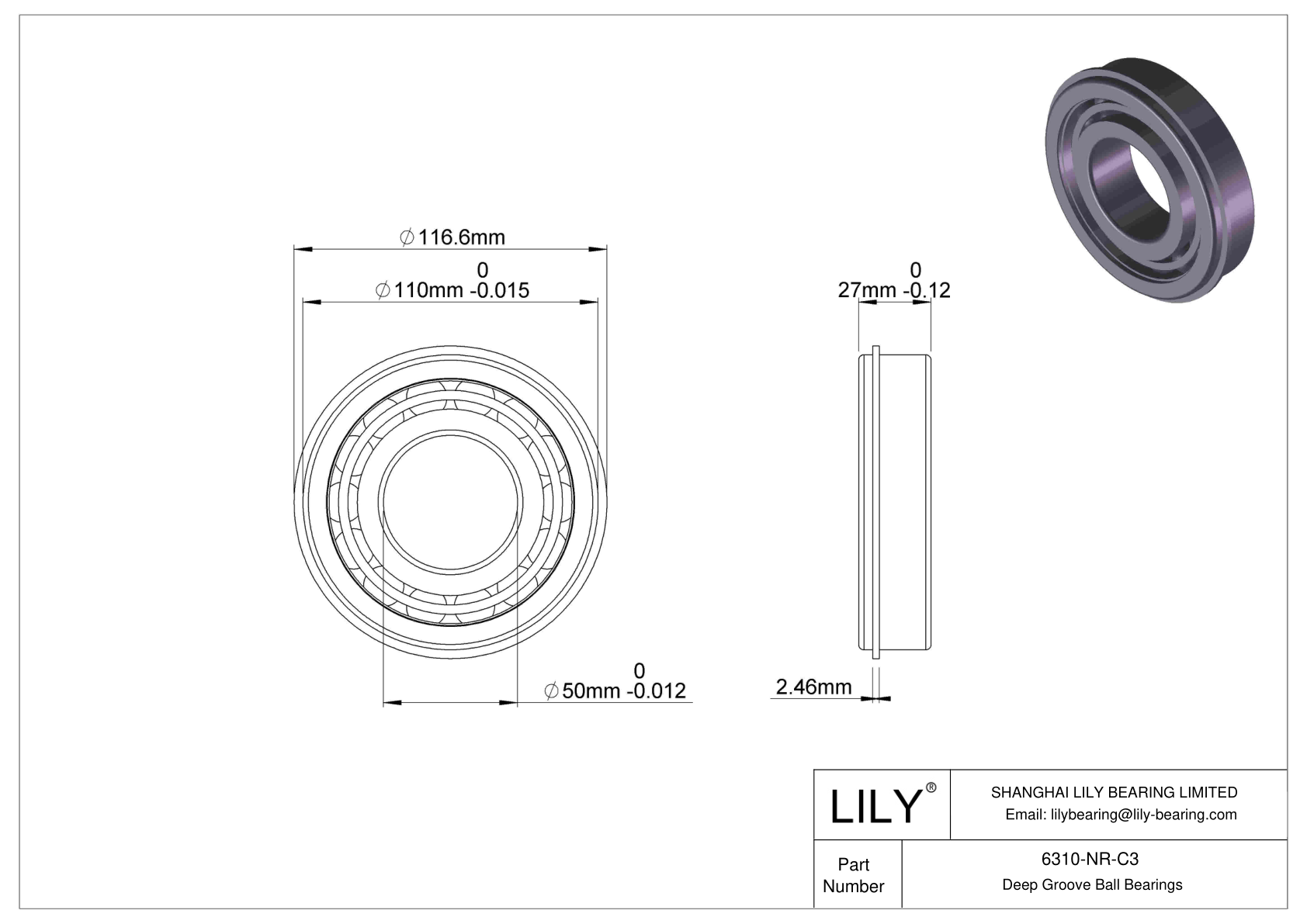 6310-NR-C3 Deep Groove Ball Bearings (6000, 6200, 6300, 6400) cad drawing