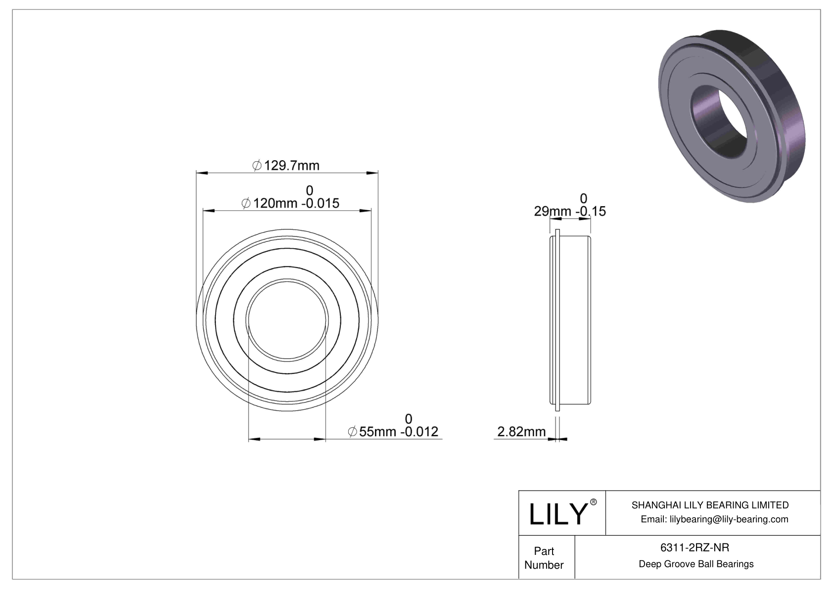 6311-2RZ-NR Deep Groove Ball Bearings (6000, 6200, 6300, 6400) cad drawing