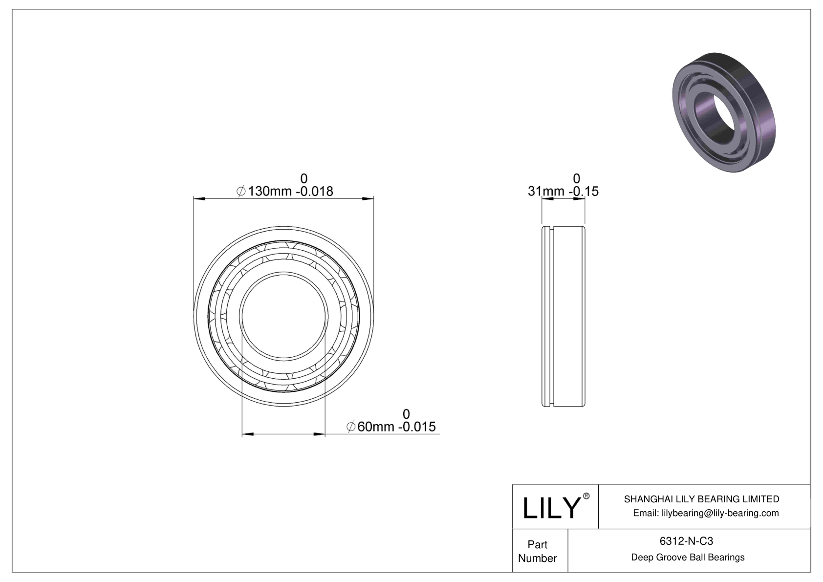 6312-N-C3 Deep Groove Ball Bearings (6000, 6200, 6300, 6400) cad drawing