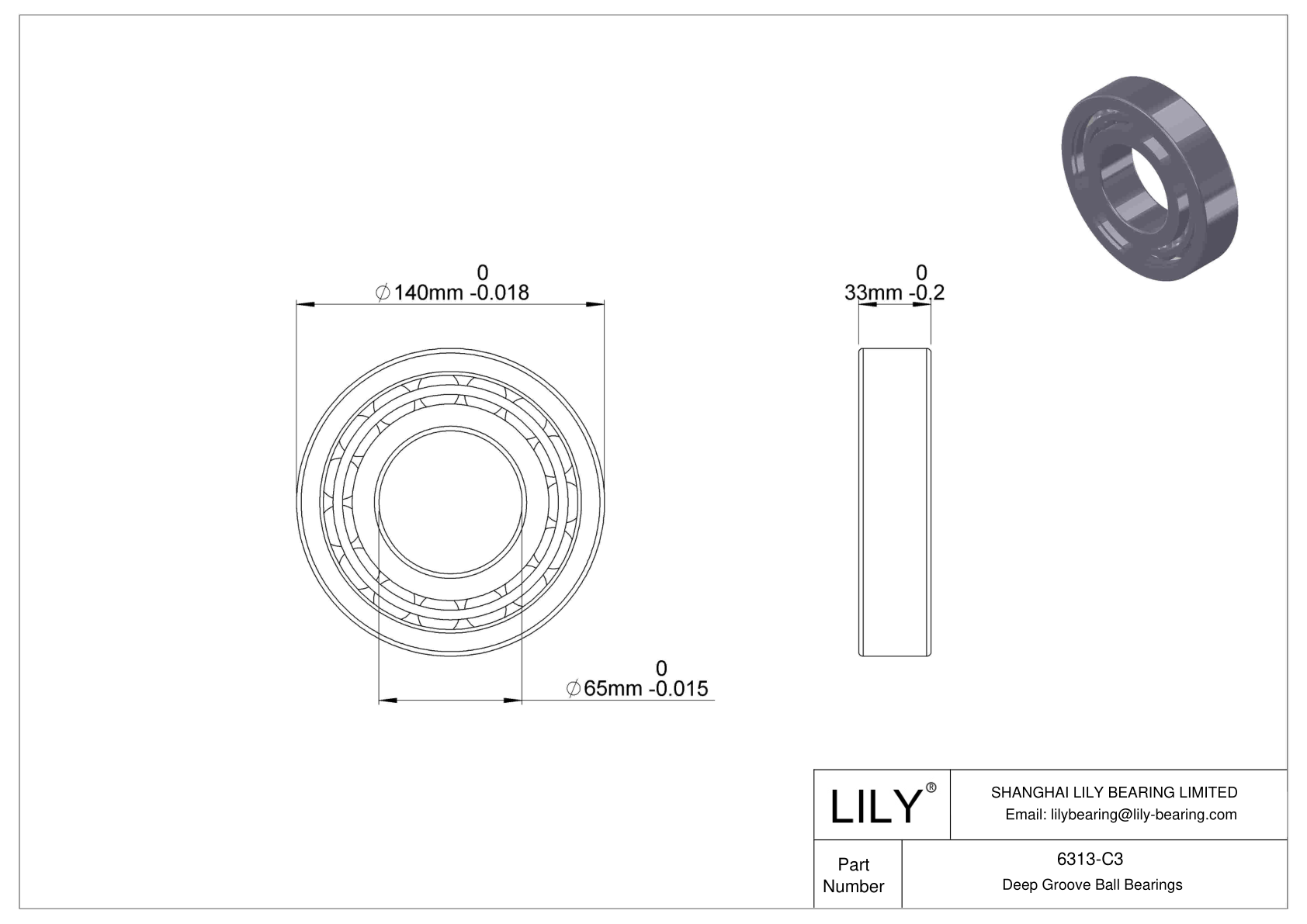 6313-C3 Deep Groove Ball Bearings (6000, 6200, 6300, 6400) cad drawing