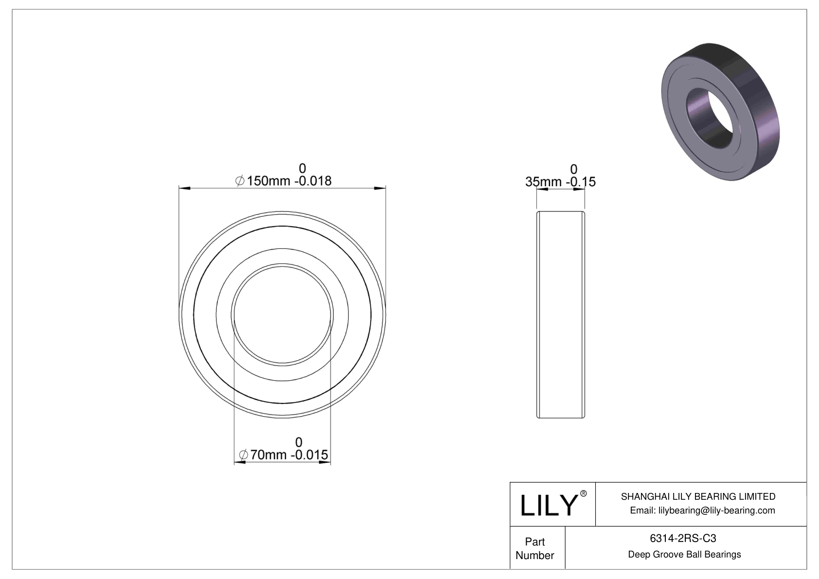 6314-2RS-C3 Deep Groove Ball Bearings (6000, 6200, 6300, 6400) cad drawing