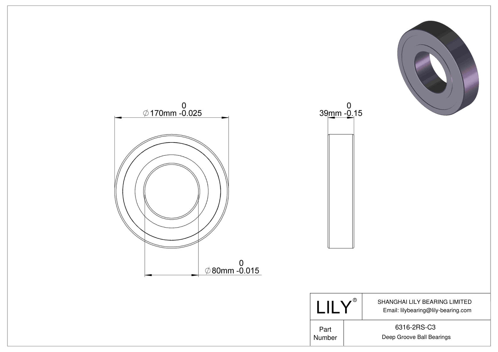 6316-2RS-C3 Deep Groove Ball Bearings (6000, 6200, 6300, 6400) cad drawing