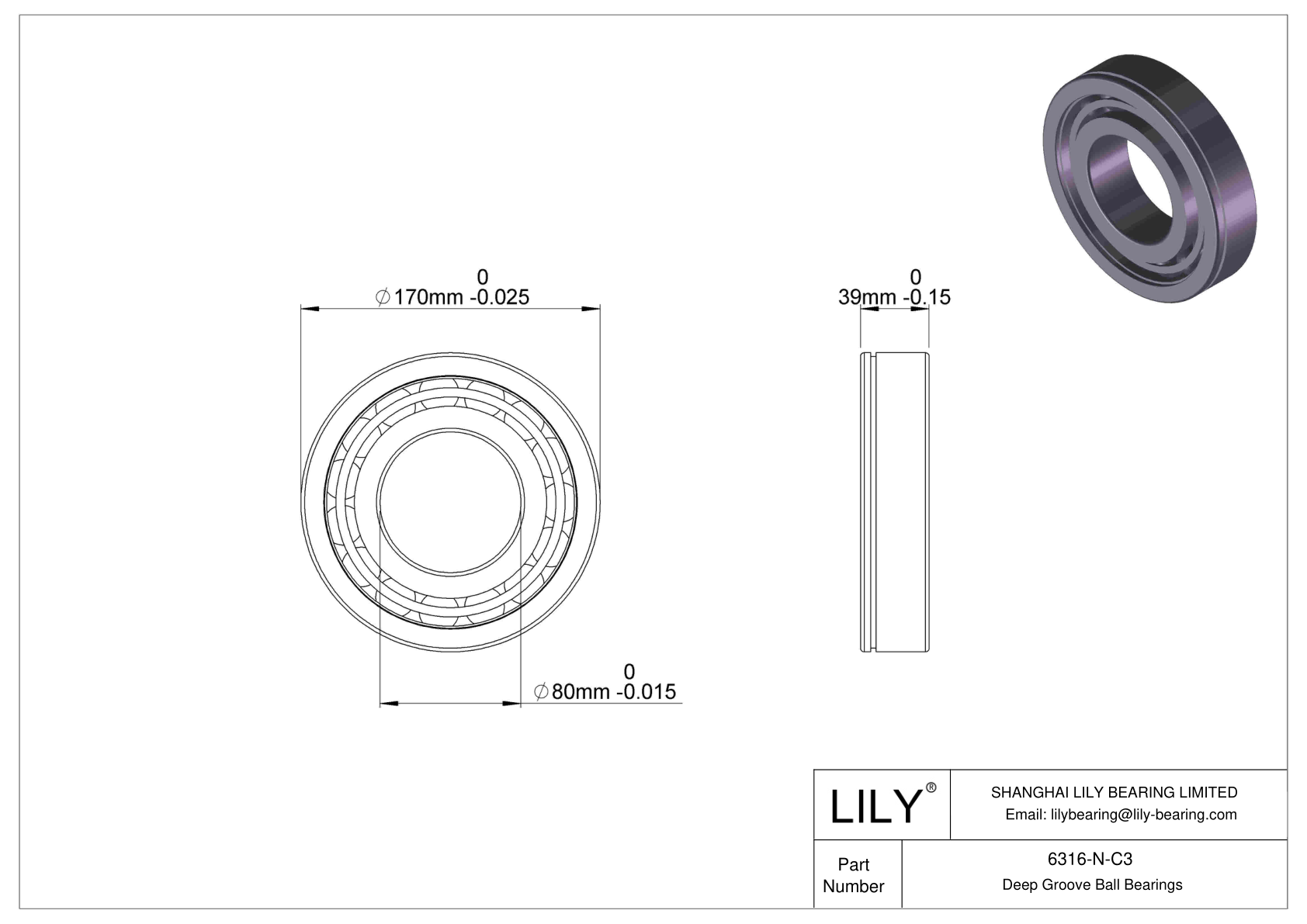 6316-N-C3 Deep Groove Ball Bearings (6000, 6200, 6300, 6400) cad drawing