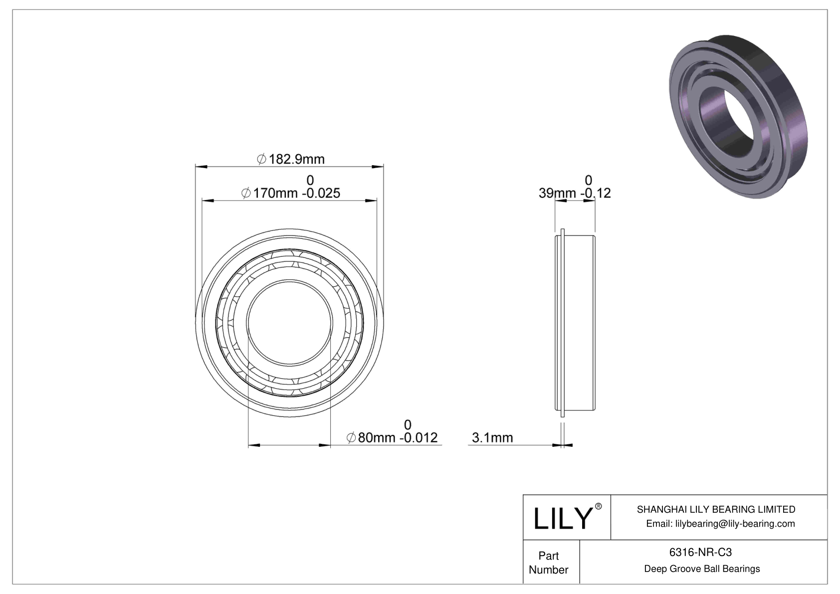 6316-NR-C3 Deep Groove Ball Bearings (6000, 6200, 6300, 6400) cad drawing