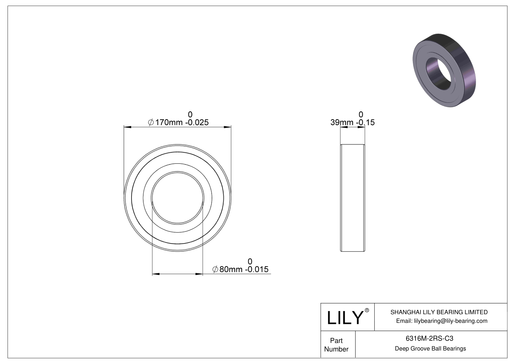 6316M-2RS-C3 Deep Groove Ball Bearings (6000, 6200, 6300, 6400) cad drawing