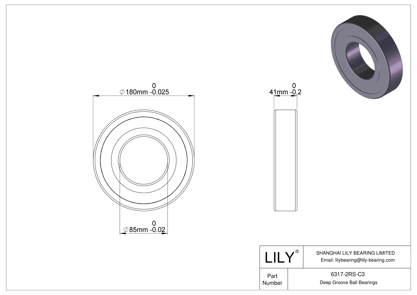 6317-2RS-C3 Deep Groove Ball Bearings (6000, 6200, 6300, 6400) cad drawing