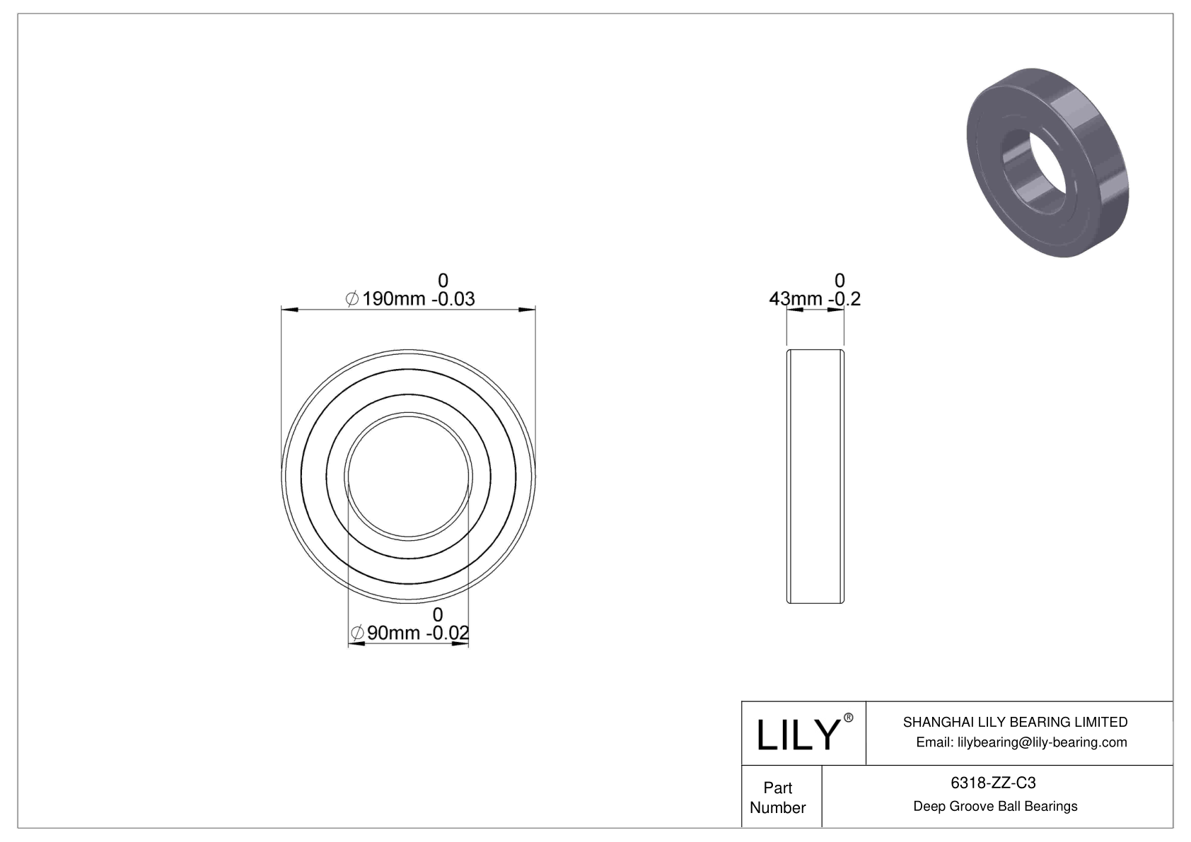 6318-ZZ-C3 Deep Groove Ball Bearings (6000, 6200, 6300, 6400) cad drawing