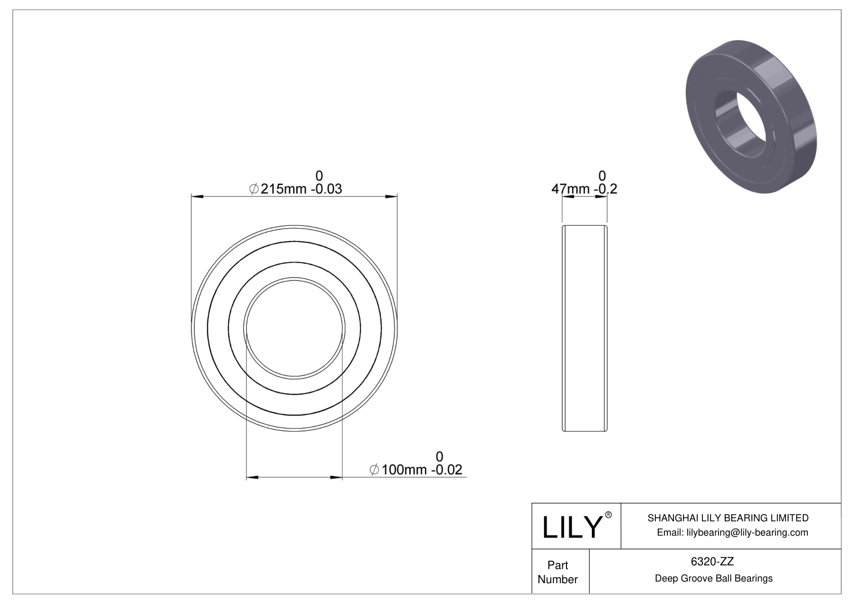 6320-ZZ Deep Groove Ball Bearings (6000, 6200, 6300, 6400) cad drawing