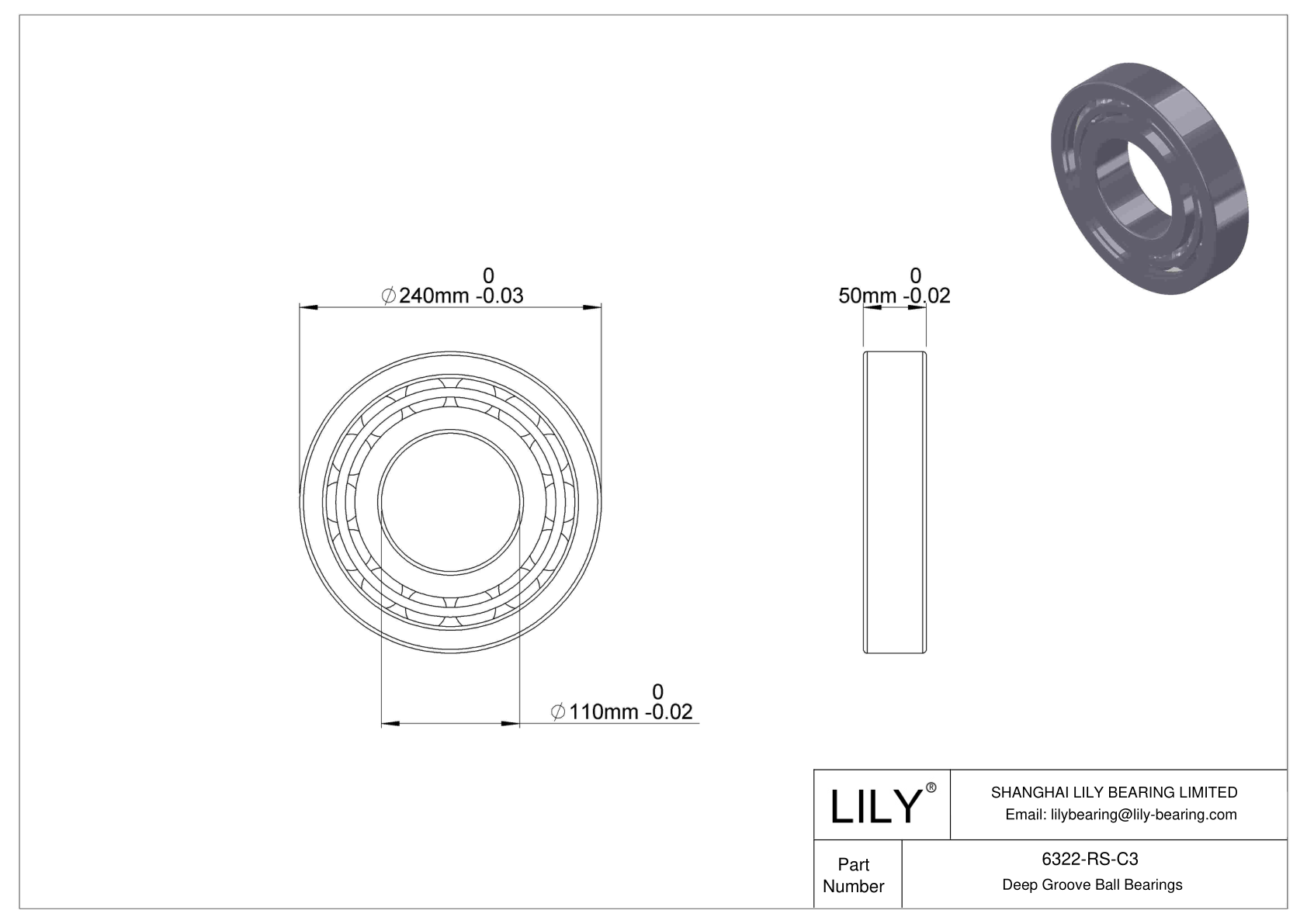 6322-RS-C3 Deep Groove Ball Bearings (6000, 6200, 6300, 6400) cad drawing