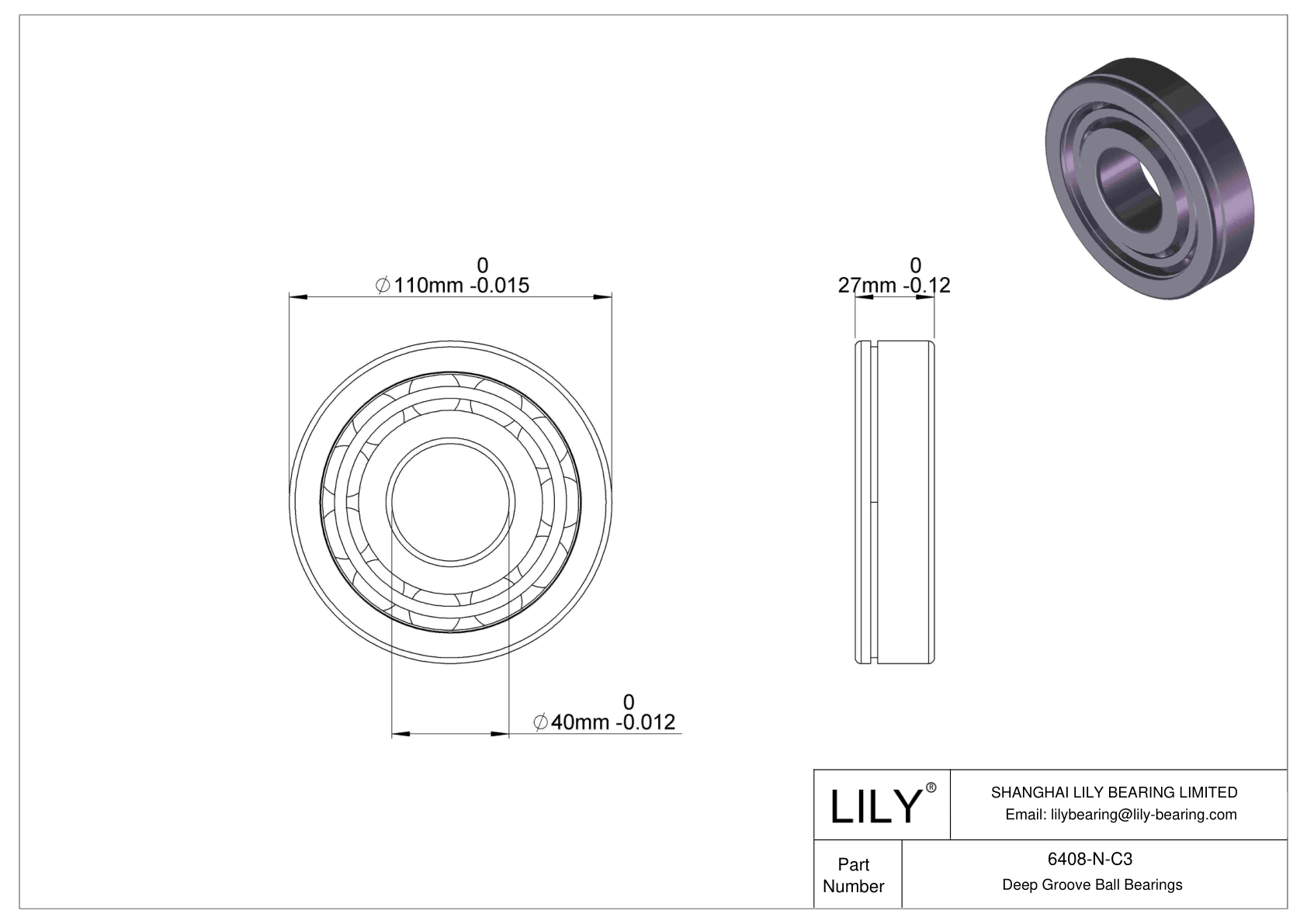 6408-N-C3 Deep Groove Ball Bearings (6000, 6200, 6300, 6400) cad drawing