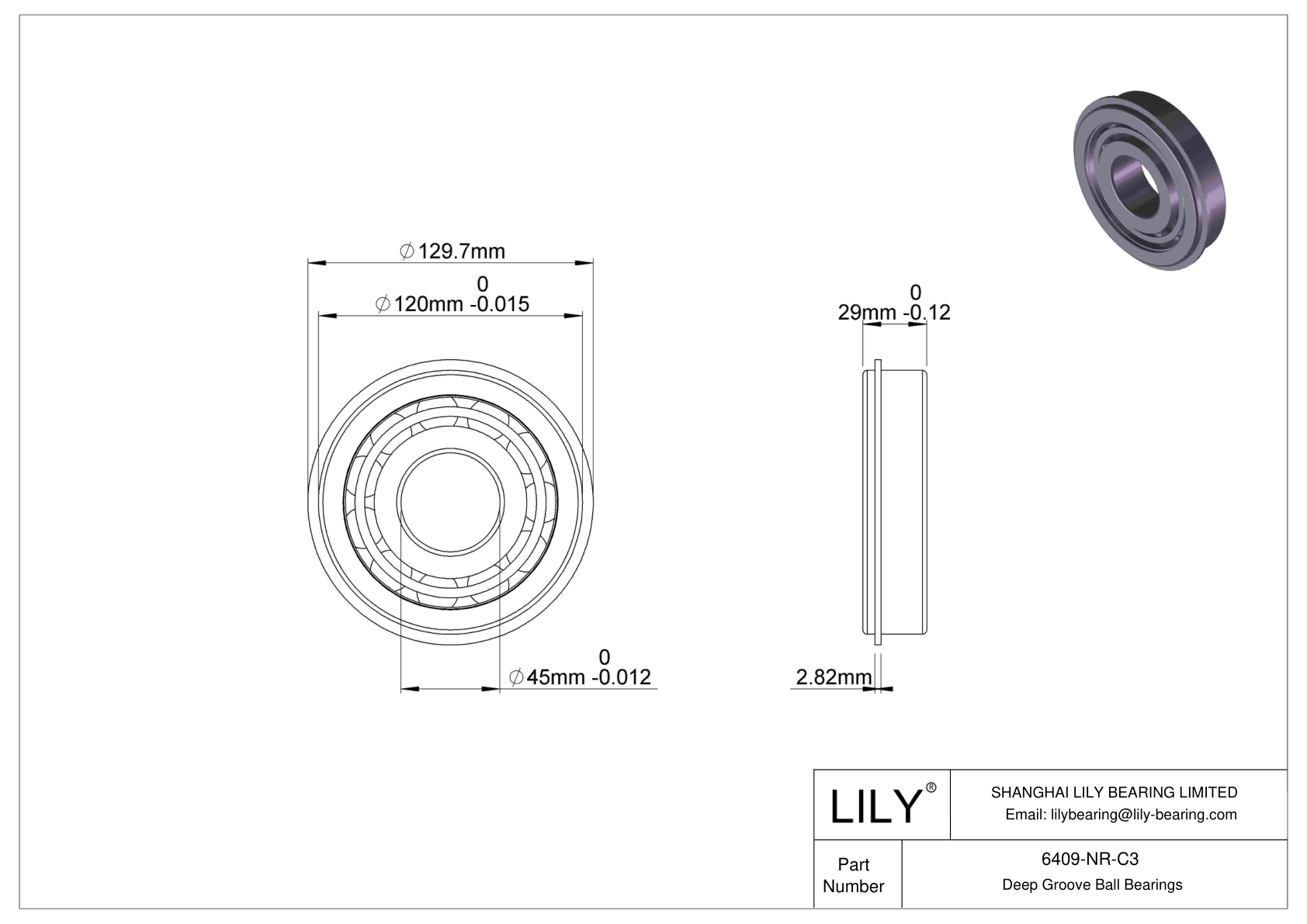 6409-NR-C3 Deep Groove Ball Bearings (6000, 6200, 6300, 6400) cad drawing