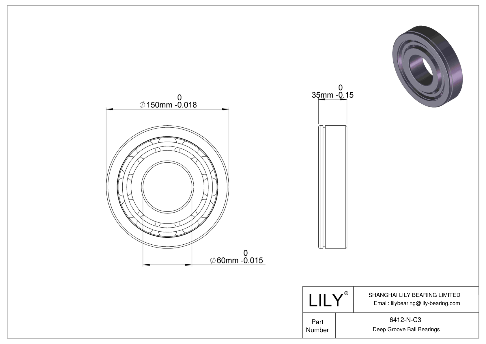 6412-N-C3 Deep Groove Ball Bearings (6000, 6200, 6300, 6400) cad drawing