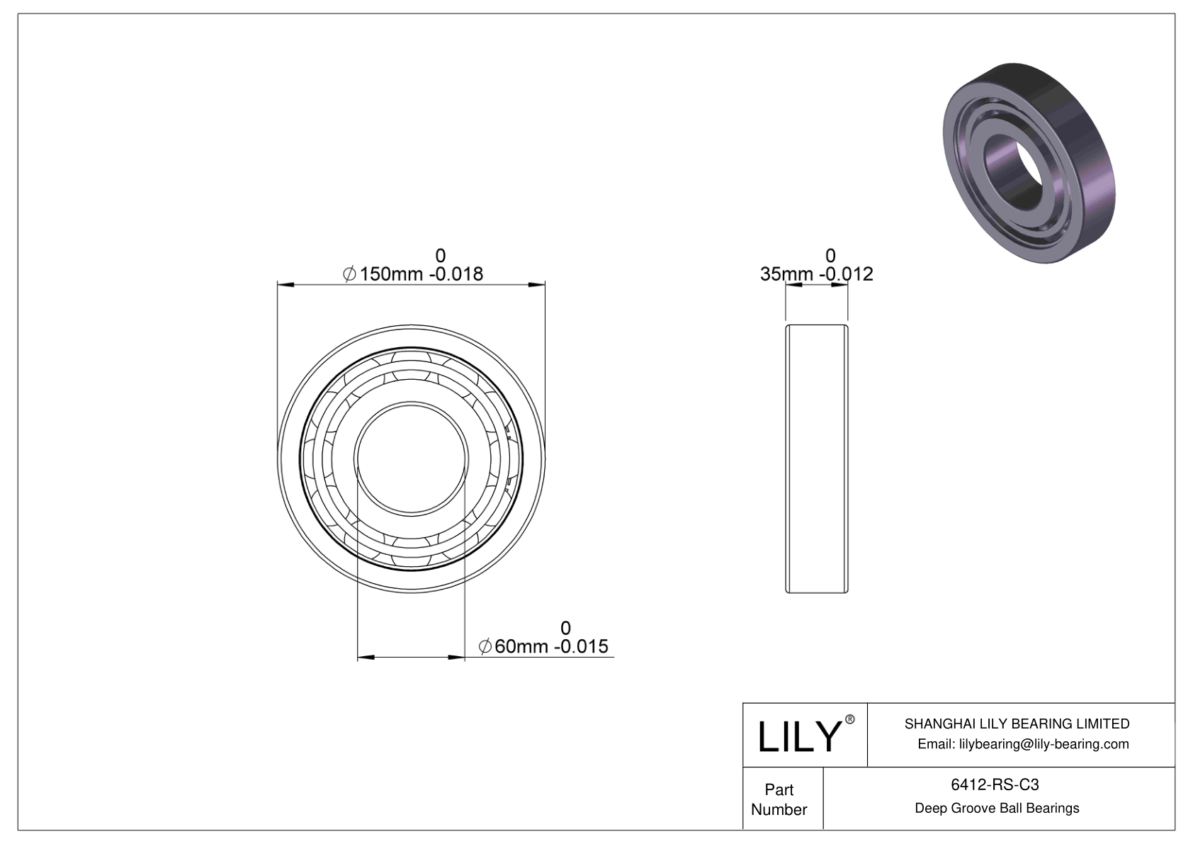 6412-RS-C3 Deep Groove Ball Bearings (6000, 6200, 6300, 6400) cad drawing