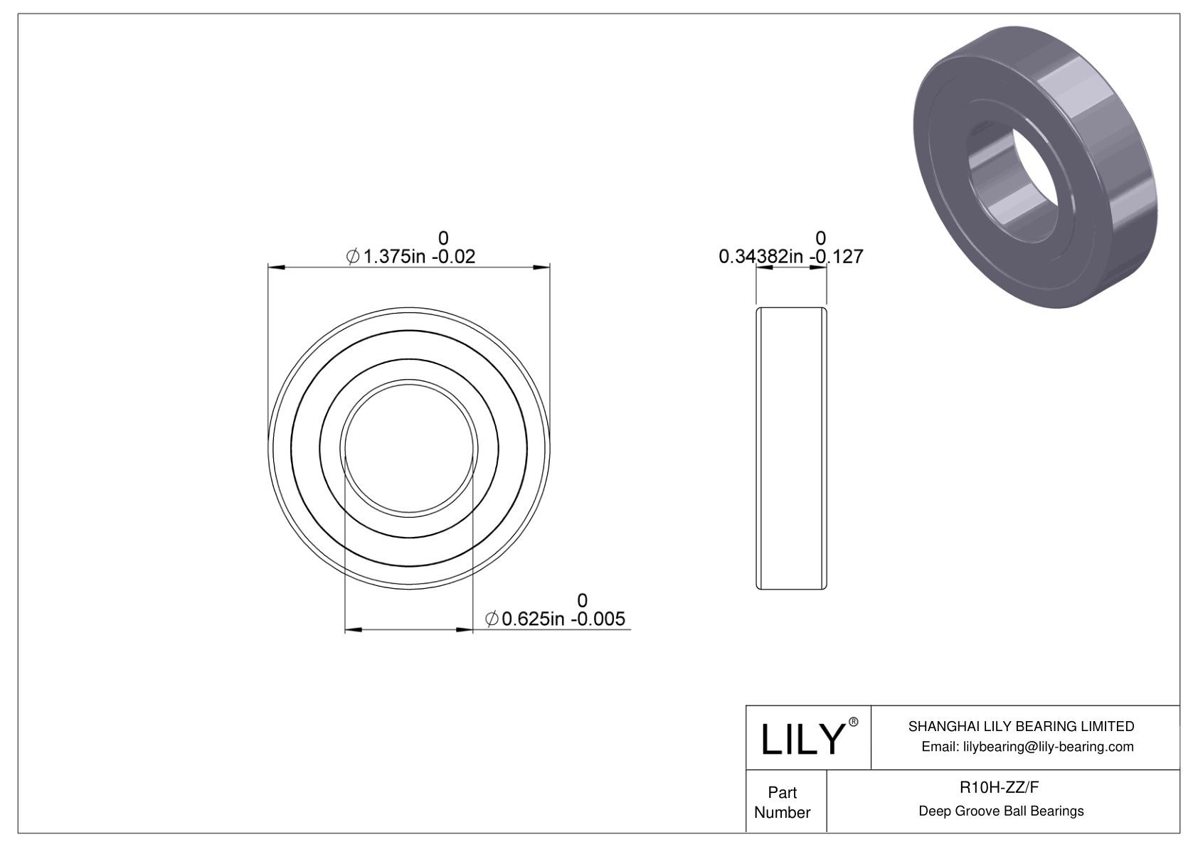 R10H-ZZ/F Corrosion Resistant Deep Groove Ball Bearings cad drawing