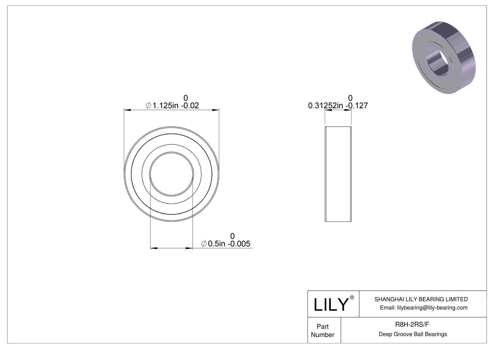 R8H-2RS/F Corrosion Resistant Deep Groove Ball Bearings cad drawing