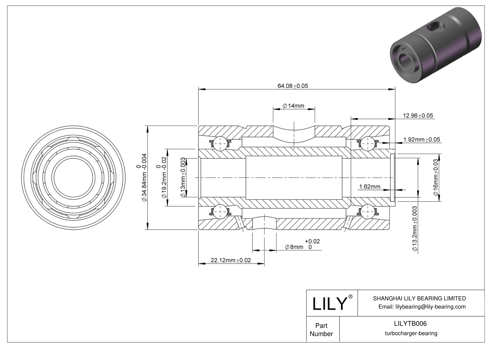 LILYTB006 Turbocharger Bearings cad drawing