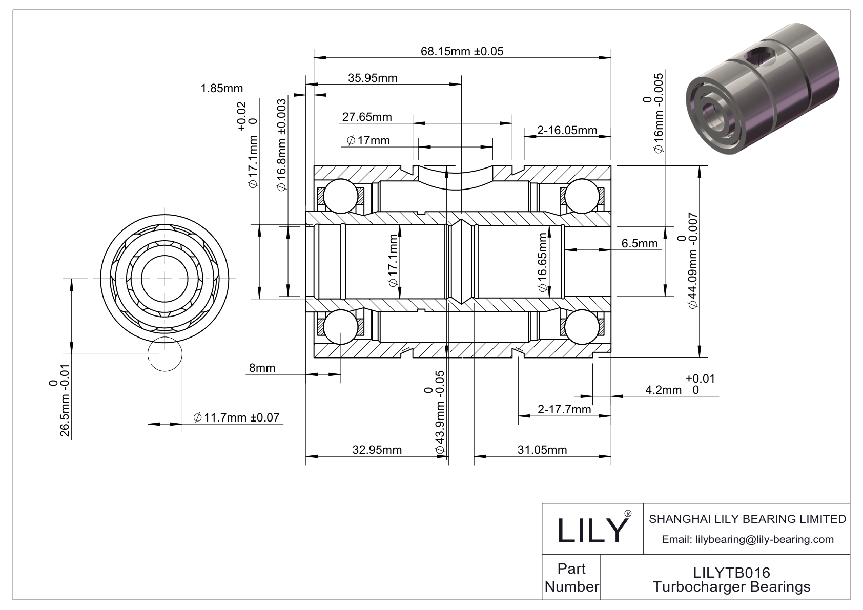 LILYTB016 Turbocharger Bearings cad drawing